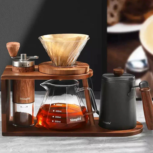 Wood Grain Hand Brewed Coffee Pot 7-Piece Set with Storage Shelf