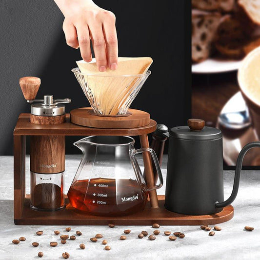 Wood Grain Hand Brewed Coffee Pot 7-Piece Set with Storage Shelf